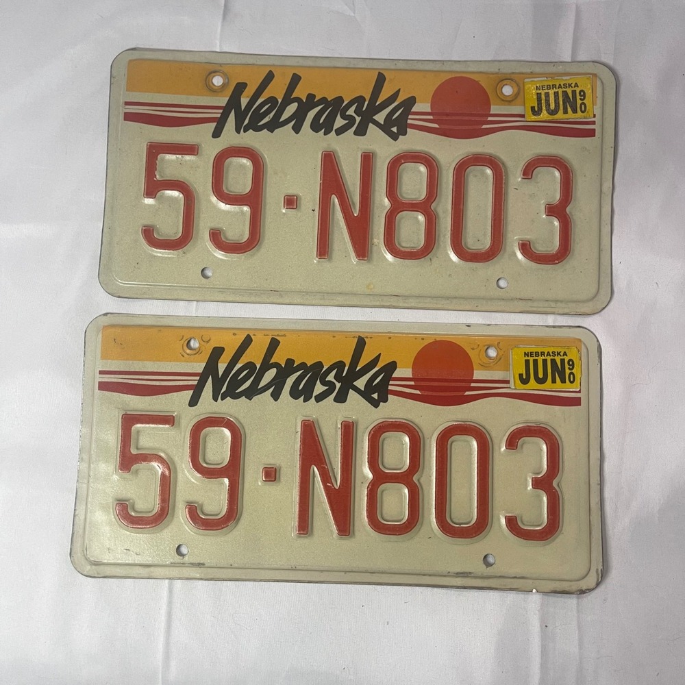 Vintage 1990 Nebraska License Plates Pair 59-N803 Sunset Graphic Metal Decor